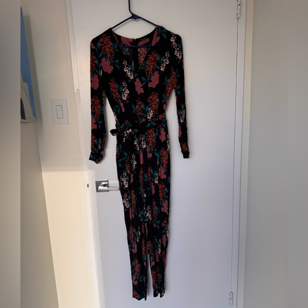 Massimo Dutti Black Jumpsuit with Pink & Teal Floral Print